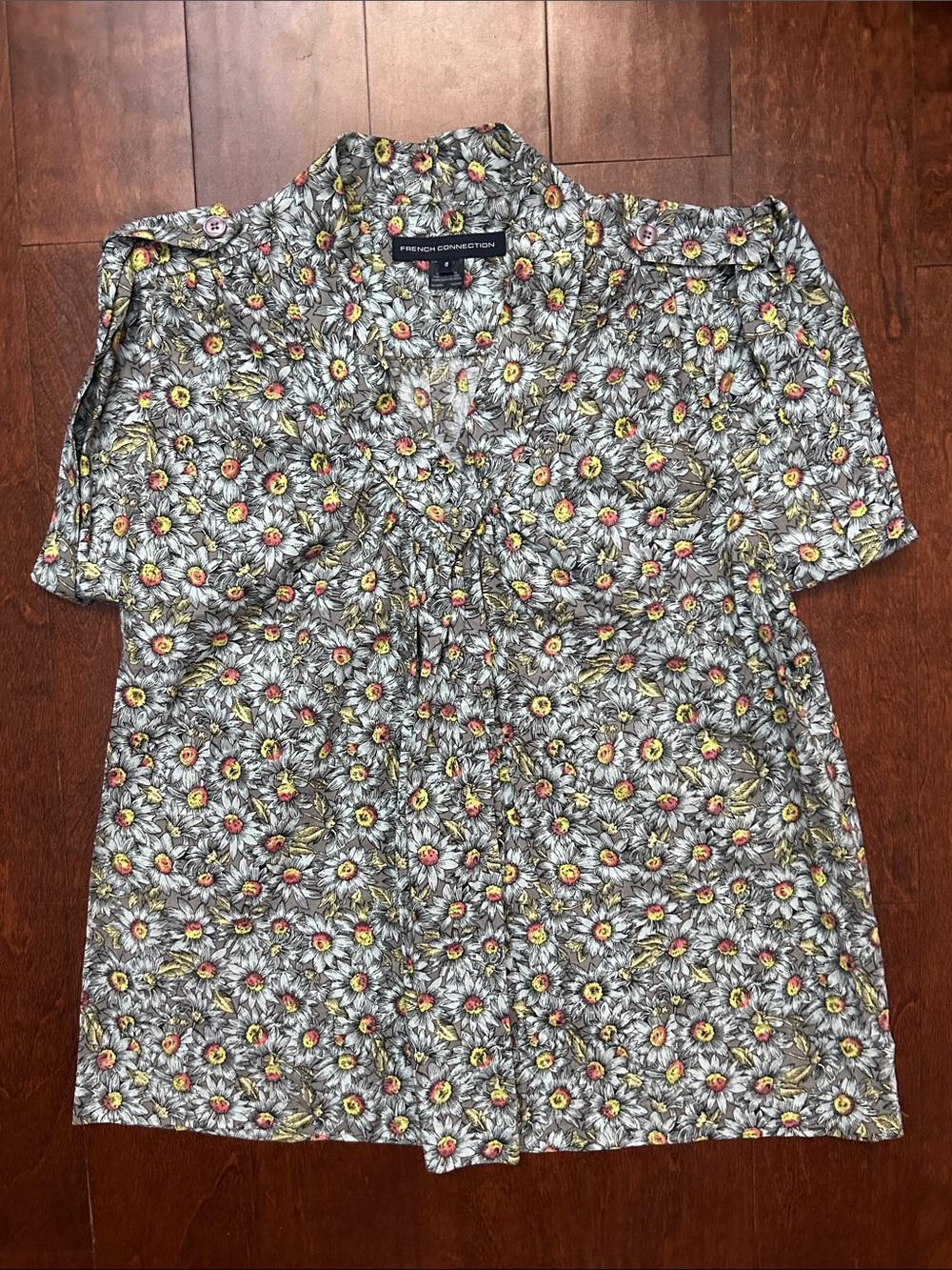 French Connection Women's Cotton Floral Daisy Shirt, Gray with Yellow, Size 8